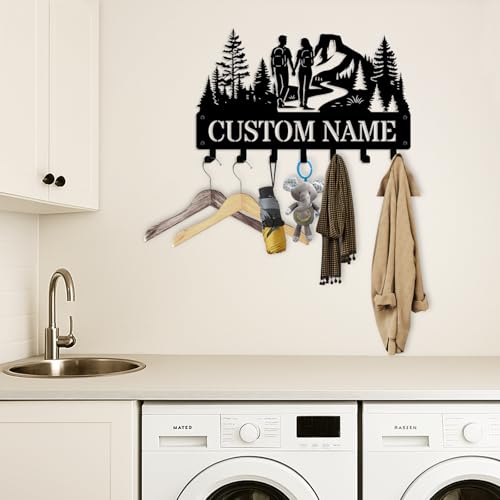 NIWAHO Personalized Key Holder Wall Mount Custom Hiking Couples Silhouette with Name – Metal Key Rack for Entryway, Kitchen – Coat Hooks for Bedroom, Living Room – Wedding Gift for Wife - color: Couple Hiking