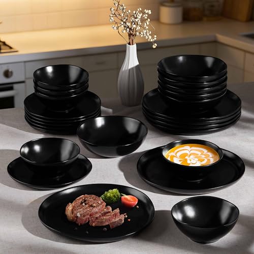 Herogo Stoneware Dinnerware Sets for 8, 24 Piece Ceramic Dinner Dishes Set, Irregular Handmade Plates and Bowls Dishware, Crack and Scratch Resistant, Reactive Glaze, Matte Black - color: Matte Black, size: 8 Set (24pcs)