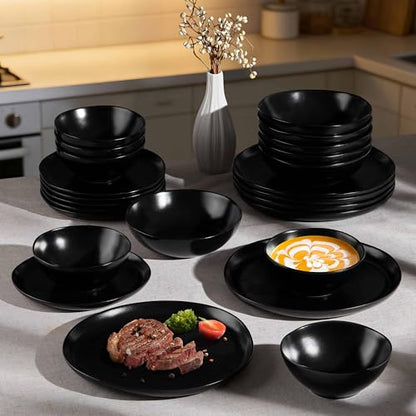 Herogo Stoneware Dinnerware Sets for 8, 24 Piece Ceramic Dinner Dishes Set, Irregular Handmade Plates and Bowls Dishware, Crack and Scratch Resistant, Reactive Glaze, Matte Black - color: Matte Black, size: 8 Set (24pcs)