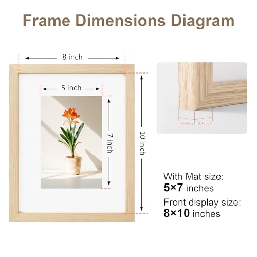 TONES FRAME DESIGN 8x10 Picture Frame Natural Solid Wood Veneer 8x10 Frame Matted to 5x7 Frames Wooden 8 x 10 Photo Frame with Shatterproof Plexiglass for Tabletop Wall Display - color: Natural, size: 8x10 - 1 Pack