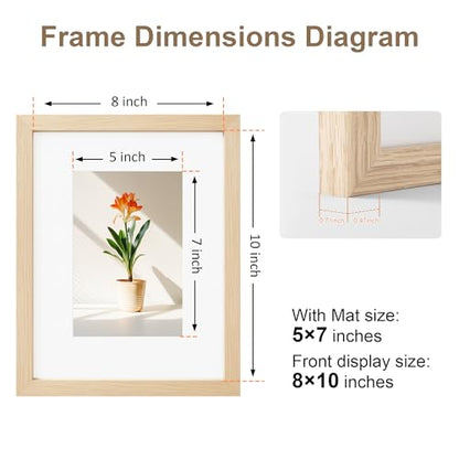 TONES FRAME DESIGN 8x10 Picture Frame Natural Solid Wood Veneer 8x10 Frame Matted to 5x7 Frames Wooden 8 x 10 Photo Frame with Shatterproof Plexiglass for Tabletop Wall Display - color: Natural, size: 8x10 - 1 Pack