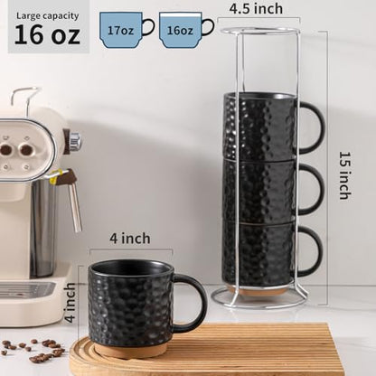 Nihow 16 Oz Ceramic Coffee Mug Set of 4 with Stackable Stand,Matte Black | Stackable, Stainless Stand Included, Cappuccino & Tea, Hot/Cold Drinks, Dishwasher & Microwave Safe - color: Matte Black, size: 16 oz With Stand
