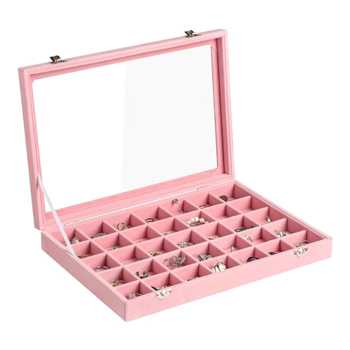 35 Grid Earring Organizer,Velvet Jewelry Tray with Clear Lid | Drawer Jewelry Organizer for Rings Studs Beads,Adjustable Dividers,Dustproof Design,Earring Storage,Trinket Box,13.8×9.5Inch - color: Pink, size: 35 Grid