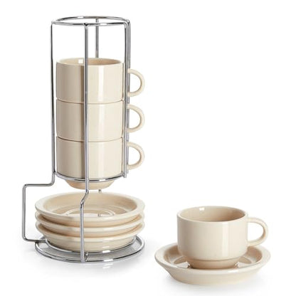Sweese Porcelain Espresso Cups Set, 2.5 oz, Stackable with Saucers Metal Stand, Beige, 4 Pack - color: Beige, size: 2.5 Ounces
