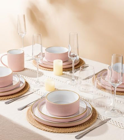 GBHOME Stoneware Dinnerware Sets for 4, 12 Pieces Plates and Bowls Set | Lightweight Ceramic Ribbed Dishes, Reactive Glaze Stackable Plate Set, Scratch Resistant, Microwave & Dishwasher Safe, Pink - color: Pink