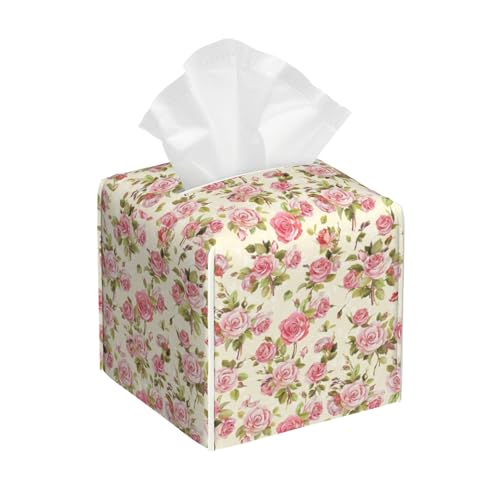Tissue Box Cover Square,Watercolor Pink Roses Tissue Box Holder Waterproof Leather Facial Paper Case Modern Home Decoration for Bedroom Dresser Night Stand Office Desk - color: Color8
