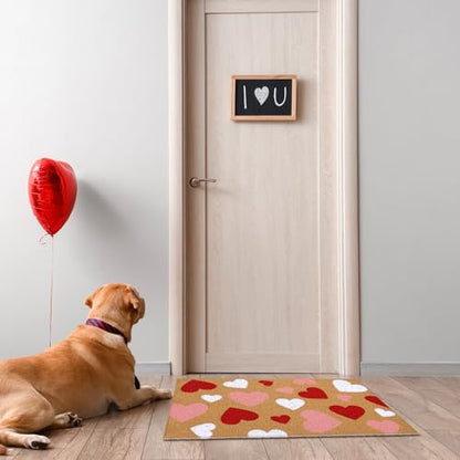 Duraaamo Valentine Coir Door Mat Welcome Doormat Red Pink White Heart Pattern Non Slip for Outdoor Entrance Front Porch Entryway Decor - style: Heart