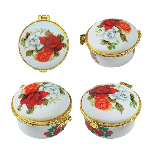 Tiny Round Porcelain Trinket Box | Rose Bouquet | French Style Gift Box with Velvet Bag - style: Rose Bouquet Round