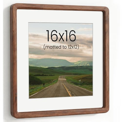 Acovy 16x16in Picture Frame, Natural Solid Walnut | Handcrafted Wooden Photo Frame, Dual Use for Wall Mount, Matted to Fit 8"x8" Photos, HD Tempered Glass - color: Walnut, size: 16x16in