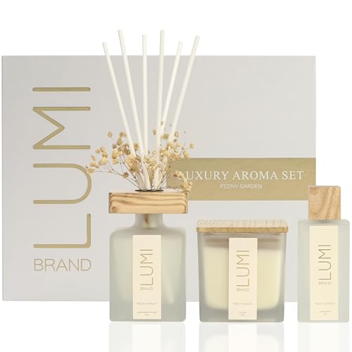Luxury Aroma Gift Set | Peony Garden Scent - Reed Diffuser (200ml), Wood Wick Soy Candle (200g), Room Spray (50ml) | Includes Dried Flowers & 8 Reeds | Luxurious Fragrance for Home Décor | Great Gifts