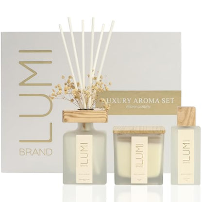 Luxury Aroma Gift Set | Peony Garden Scent - Reed Diffuser (200ml), Wood Wick Soy Candle (200g), Room Spray (50ml) | Includes Dried Flowers & 8 Reeds | Luxurious Fragrance for Home Décor | Great Gifts