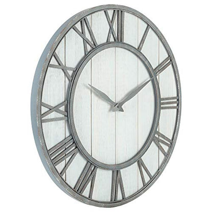 Oldtown Farmhouse Metal & Solid Wood Noiseless Wall Clock (Whitewash, 24-inch) - color: Whitewash, size: 24-inch