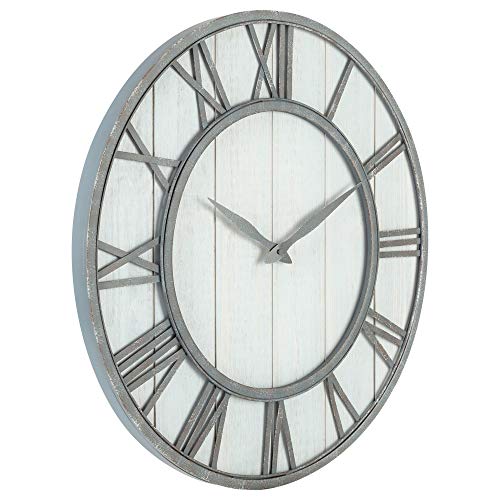 Oldtown Farmhouse Metal & Solid Wood Noiseless Wall Clock (Whitewash, 24-inch) - color: Whitewash, size: 24-inch
