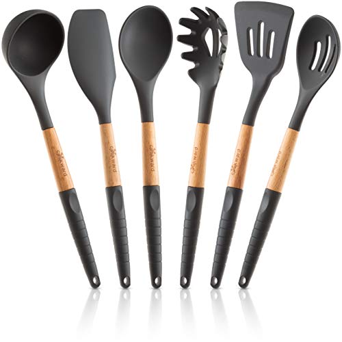 Silicone Cooking Utensils Set 6 Piece – Heat Resistant up to 480°F, BPA Free & Non-Scratch Kitchen Tools with Natural Wood Handles, Dark Gray - color: Dark Gray