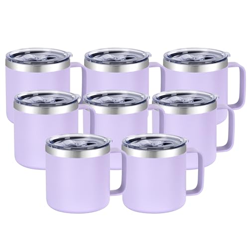 VEGOND 14 oz Insulated Coffee Mug Bulk with Handle, Stainless Steel Travel Coffee Mug with Lid, Double Wall Vacuum Metal Coffee Cup, Coffee Tumbler Powder Coated, Purple 8 Pack - color: Purple, size: 14 Ounces (8 Pack)