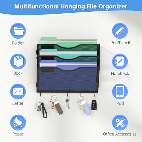 Gawerk Hanging Wall File Organizer, 3 Tier | 5 Hooks, Wall Mounted, Sturdy Mesh, For Office Home - size: 3 Tier
