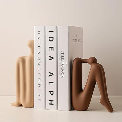 Linxia Abstract Ceramic Figurine Bookends | Warm Brown & Off-White Pair | Back-to-Back Design | Decorative Desk, Office & Window Display Accents - color: Warm Brown & Off-white