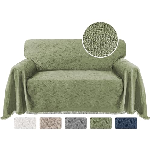 Turquoize Cotton Sofa Protector - Sage Couch Throw Cover for Dogs - Geometrical Woven Fabric (71"x 102", Large) - color: Sage, size: Large: 71"x 102"