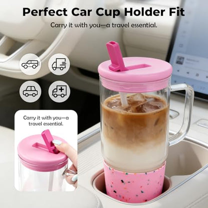 40oz Glass Tumbler with Flip Straw Lid, Handle, Silicone Sleeve, Pink | Leakproof Lid, Fits Car Cup Holder Glass for Iced Coffee, Water, Cold Drinks, Travel, Outdoor, Partys&Home - color: Pink