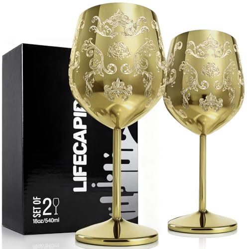 Lifecapido Stainless Steel Wine Glasses Set of 2, 18oz Etched Gold Wine Goblets, Unique Wine Glasses with Intricate Baroque Engravings for Party Wedding Anniversary - color: Gold