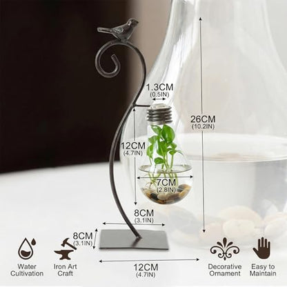 Hydroponic Vase, Retro Tabletop Plant Propagation with Metal Holder, Air Planter Plastic Bulb Vase for Home Garden Office Decoration