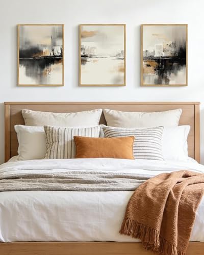 PHOPAGO Black Gray Abstract Landscape Framed Wall Art Brown Tan Neutral Wall Decor Minimalist Modern Illustrations Prints Bedroom Home Decor - 12x16in Natural Framed - color: Black Abstract, size: 16L" x 12W" x 3 Pcs Natural
