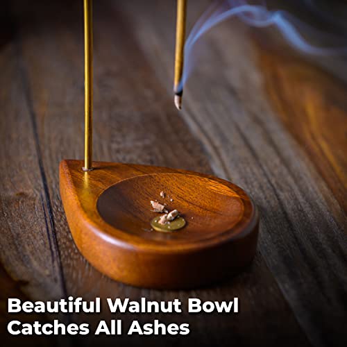 Incense Holder for Sticks - 11.4" Tall Reverse Style Incense Burner Holder with Mess Free Ash Catcher Tray - Modern & Minimalist Design Incense Sticks Holder with Brass & Walnut Wood Elements