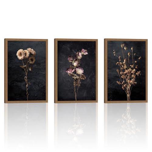 AUROR 3pcs Vintage Floral Canvas Wall Art - Dried Sunflowers, Poppies, And Roses - Dark-Themed Bohemian Floral- Elegant Botanical Prints For Living Room, Bedroom, And Office Decor 12x16in - color: Dried poppy rose flowers, size: 12x16in