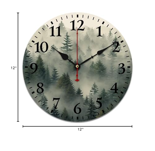 Nature Pine Trees Scenic Foggy Mountain Wooden Wall Clock - Watercolor Misty Plants Smokey Green Modern Wood Clock - Quality Quartz Non-Ticking 12 Inch Round - color: Pattern-6, size: 12 Inch
