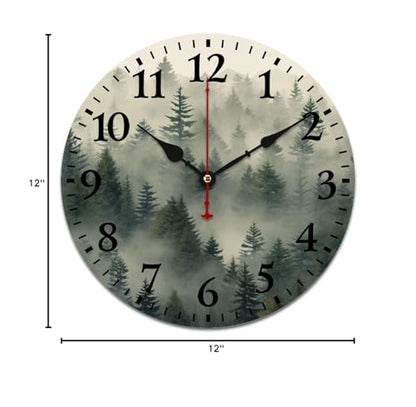 Nature Pine Trees Scenic Foggy Mountain Wooden Wall Clock - Watercolor Misty Plants Smokey Green Modern Wood Clock - Quality Quartz Non-Ticking 12 Inch Round - color: Pattern-6, size: 12 Inch