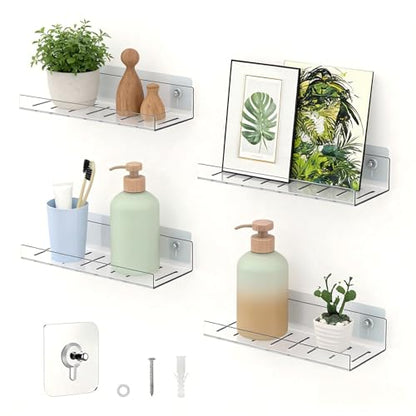 LAZYROSY 4 Pack Floating Shelves – Clear Acrylic/PET Wall-Mounted No Drill Storage with Adhesive, Invisible Bathroom & Bedroom Shelving for Kitchen, Living Room, Transparent Decor - size: 4-Piece Set
