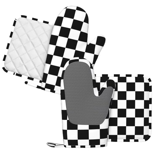 Black White Check Plaid Oven Mitts and Pot Holders Sets Silicone Black and White Checkered Plaid Kitchen Mitts Potholders Heat Resistant 4Pcs Oven Gloves Hot Pads for Cooking Grilling - color: Black White Buffalo Plaid