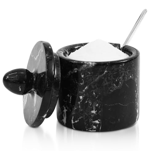 Marble Salt Cellar with Lid 4" Inch Black Handmade Salt Jar & Spice Storage Containers For Kitchen Countertop, Ideal Sugar Bowl & Salt dish For Table - color: Black