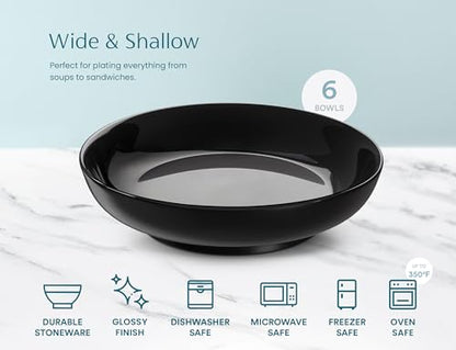 KooK Pasta Bowls Set of 6, Salad Bowl, Large, Ceramic, Microwave and Dishwasher Safe, Great for Soups and Salads, Shallow Serving Bowls, Glossy Porcelain, 32 oz, (Black) - color: Black