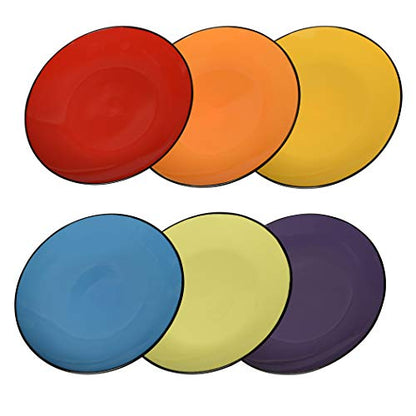 6 Pack of Colored Salad Plates - Dishwasher And Microwave Safe Ceramic 8" Plate Set - Black Outside With Color Inside