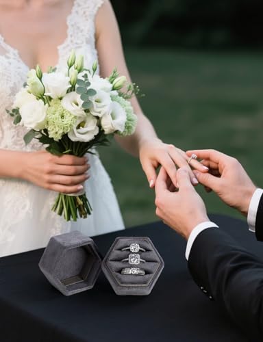 MFXIP Velvet 3 Slots Jewelry Ring Box Engagement Wedding Box Keepsake Box Bridal Photo Ring Triple Slots Hexagon - color: Gray