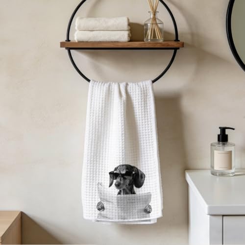 Cute Glasses Dog Bathroom Towels 24x14 Inch, Newspaper Durable Microfiber Dish Cloth Hand Towel, Waffle Weave Tea Towels for Bathroom Home Kitchen Decor, Funny Dachshund Gifts for Women Friend - color: Lm 346
