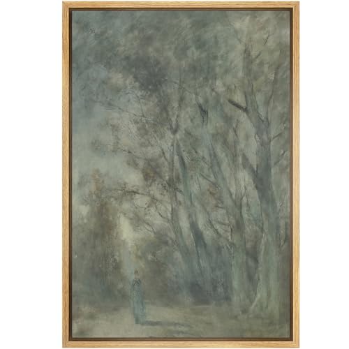 SIGNFORD Framed Canvas Print Wall Art Set Misty Forest Path with Lady in Blue Tranquil Nature Landscape Illustrations Modern Art Country Landscape for Living Room, Bedroom, Office - 16"x24" Natural - color: B15-2508-m04, size: 24"L x 16"W