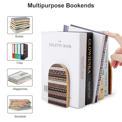 Personalized Wood Book Ends Metal Base Tribal Geometric Stripes Printing Bookend Modern Heavy Duty Bookends for Home Or Office 1 Pair - color: Tribal Geometric Stripes