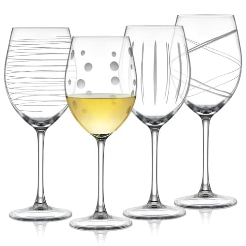 Joeyan Hand Blown Etched Red and White Wine Glasses,Stemmed Glasses with Stripes and Dots Pattern,Clear Carved Long Stem Glassware Set for Wine Tasting Birthday Anniversary Wedding,19 oz,Set of 4 - color: Etched Dots Swirls Strips Patterned Wine Glasses