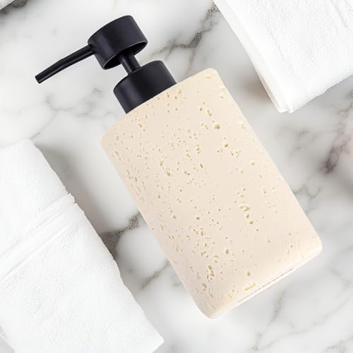Clasin Home 2 Pack Beige Resin Soap Dispensers, Refillable Liquid Lotion Dispenser Bottles with Travertine-Look for Bathroom and Kitchen Countertop, Modern Stone Texture (10.8 oz) - color: Beige