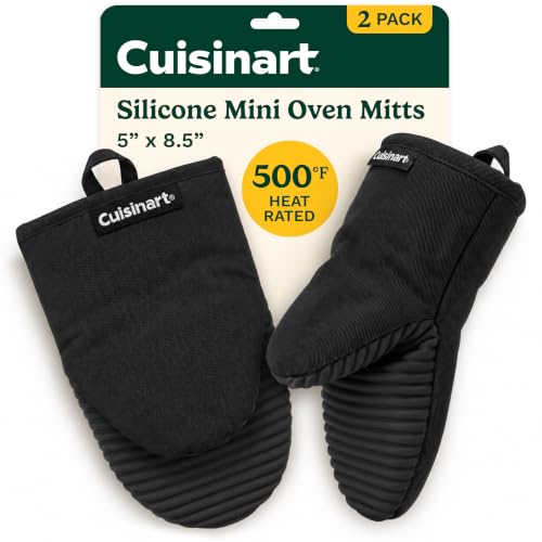 Cuisinart Mini Oven Mitts, 2-Pack 5"x8.5", Heat Resistant 500F | Compact pot holder for baking, air fryer, and cookware, silicone non-slip grip, hanging loop, fits either hand, wipes clean - color: Black