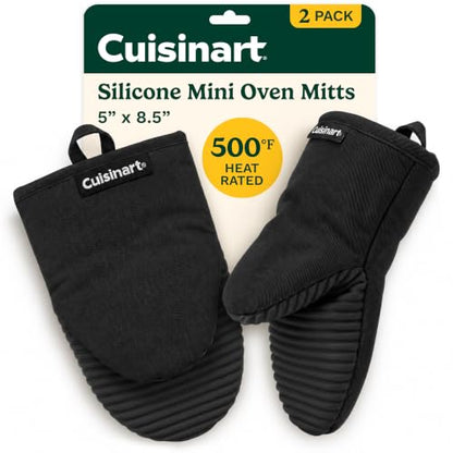 Cuisinart Mini Oven Mitts, 2-Pack 5"x8.5", Heat Resistant 500F | Compact pot holder for baking, air fryer, and cookware, silicone non-slip grip, hanging loop, fits either hand, wipes clean - color: Black