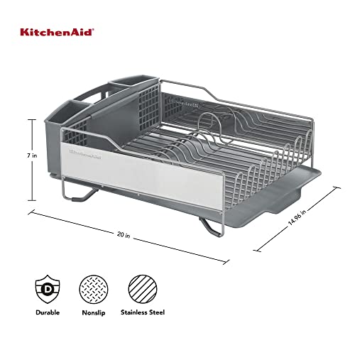 KitchenAid Large Capacity Full Size Rust Resistant Dish Rack with Angled Drain Board and Removable Flatware Caddy, Light Grey - color: Gray, size: Full Size