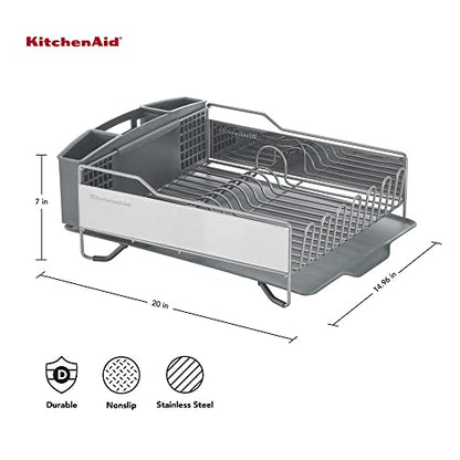 KitchenAid Large Capacity Full Size Rust Resistant Dish Rack with Angled Drain Board and Removable Flatware Caddy, Light Grey - color: Gray, size: Full Size