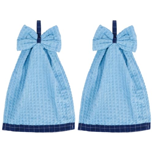 2 Pack Decorative Waffle Weave Hanging Hand Towels with Bowknot | 9x13 inch set. Ideal for kitchen, bathroom. Absorbs water fast, dries hands quickly. 3D bowknot loop. 13" x 9" Blue - color: Blue