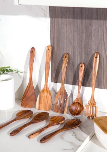 Nucookery Wooden Cooking Utensils Set with Holder, Nonstick Wooden Spoons for Cooking Spatula Set 10 Pcs, Teak Wood Kitchen Utensils Set, Ceramic Utensils Holder for Countertop, White - color: White (wood )