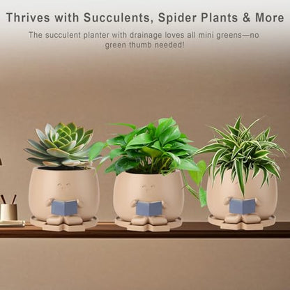 Bookworm Planter Pot with Drainage Cute Plant Pots for Succulents & Small Plants | Teacher Gifts Housewarming|Book Lover Gift, Indoor Planters | Christmas Teacher Gift Mother Dad Appreciation