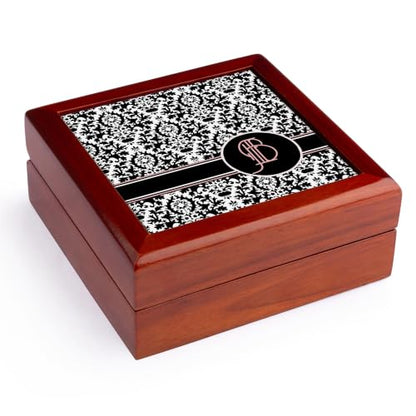 3dRose Letter B Personal Monogrammed Damask Pattern-Personalized Initial Jewelry Box 7 x 7 inch with 4 inch tile