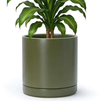 D'vine Dev 10 Inch Ceramic Planter Pot, Olive, 94-O-E-J | Modern Cylinder Design, Drainage Hole & Saucer Included, Stable Structure, Elegant Home Accent - color: Olive, size: Large